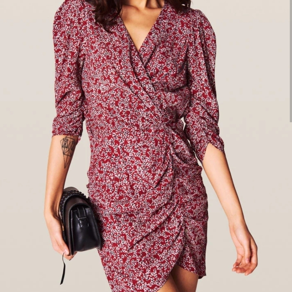 Ba&sh Crystal ruched mini dress with exaggerated shoulders Floral Red Wrap Dress